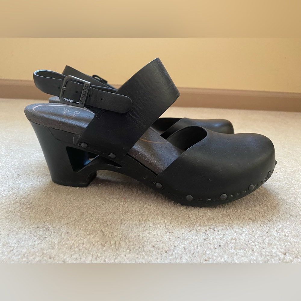 Dansko Cut-out Wedge Heel Mary-Jane Clogs, “Thea,” Black, Size 38